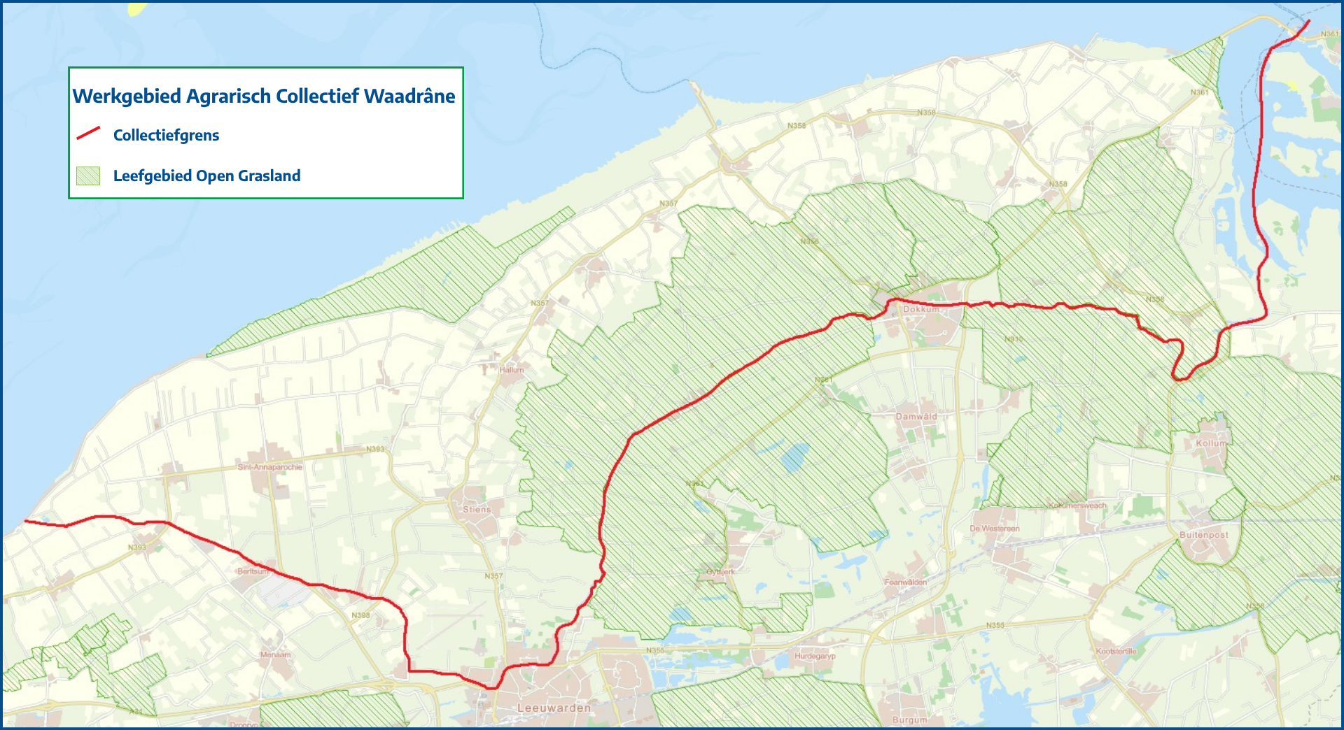 Kaart werkgebied en leefgebied open grasland Waadrâne
